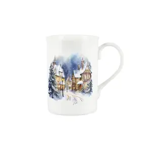 Purely Home Watercolour Christmas Town Bone China Mugs - Set of 4