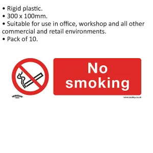 10 Pack of Rigid Plastic No Smoking Signs - 300 x 100mm Warning Plates for Safety