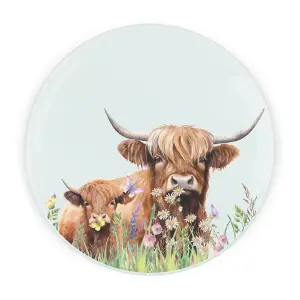 Highland Cow Round Glass Worktop Saver - Mum & Calf Gift Kitchen Chopping Board