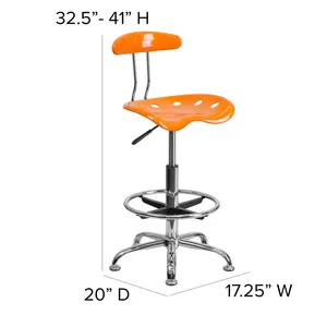 Vibrant Chrome Drafting Stool with Tractor Seat Orange