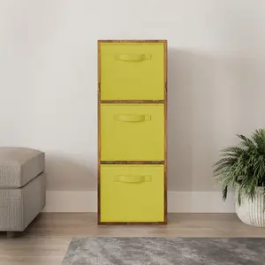 URBNLIVING 80cm Height Rustic Brown 3-Tier Cube Shelving Unit with Yellow Inserts