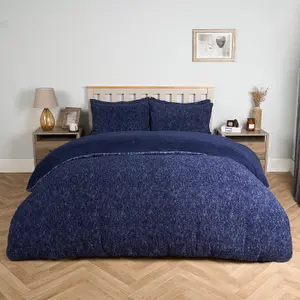 Teddy Fleece Duvet Cover Bedding Set Marl Pillowcase, Dark Blue - Double