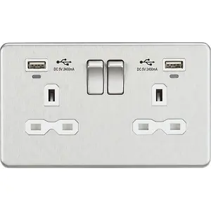 Knightsbridge Screwless Double Switched Socket Dual USB-A LED 13A 2 Gang Brushed Chrome / White - SFR9904NBCW