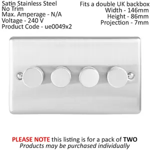 2 PACK 4 Gang 400W 2 Way Rotary Dimmer Switch SATIN STEEL Light Dimming Plate