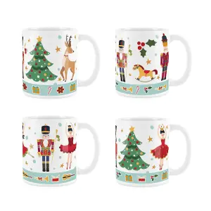 Purely Home Red Christmas Nutcracker Character Coffee Mug -  4x White Ceramic Mugs