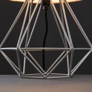 ValueLights Angus Modern Geometric Grey Metal Cage Bedside Table Lamp with Grey Fabric Shade