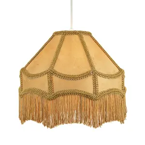 Gold Faux Silk Victorian Lamp Shade with Textured Floral Decor and Long Tassels