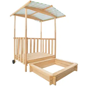 Sandpit - with seating areas and sunshade, play deck with railing, transport wheels - green