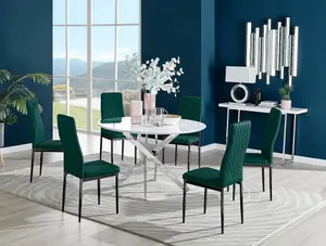 Furniturebox UK Novara White High Gloss 120cm Round Dining Table & 6 Green Velvet Milan Black Leg Chairs