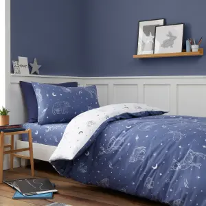 Bianca Brushed Starlight Animals Reversible Cotton Duvet Cover Set with Pillowcase White/ Blue