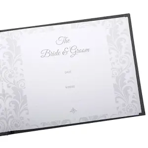 Beautiful Black Satin Fabric Wedding Day Guest Book with Silver Floral Decor