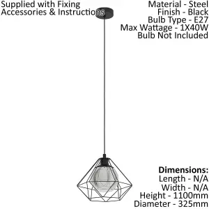 Hanging Ceiling Pendant Light Geometric Black & Glass 1x E27 Hallway Feature