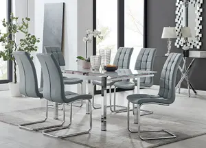 Furniturebox UK 6 Seater Dining Set - Enna White Glass & Chrome Extendable Dining Table & Chairs - 6 Grey Leather Murano Chairs