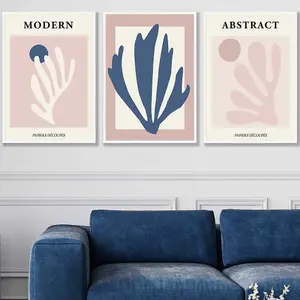 Set of 3 Matisse Style Floral Cut Out Navy & Pink Wall Art Prints / 50x70cm / White Frame