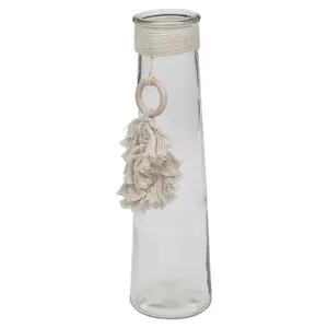 URBNLIVING 32cm Height Clear Glass Vase With Macrame Tassel Flowers Decor Centrepiece Gift