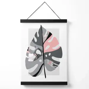 Monstera Leaf Grey and Pink Boho Botanical Medium Poster with Black Hanger