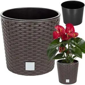 Round Planter Plant Flower Pot Outdoor Garden Weatherproof with Insert Rattan Brown 20cm - 4 Litres