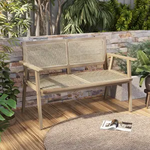 Costway Teak Wood Garden Bench 2-Person Patio Lounger Loveseat W/ Rattan Backrest & Seat