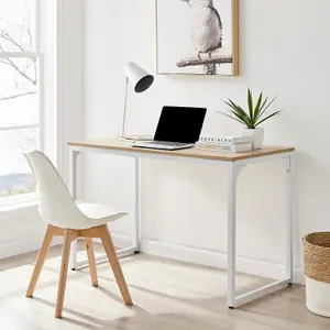 Furniturebox UK Kendrick Oak Effect Desk 120cm for Home Working Study Gaming Office Desk. Elegant White Leg Melamine Desk