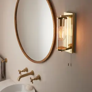 Satin Brass Bathroom Wall Light & Ribbed Cylinder Glass Shade IP44 Rated Fitting