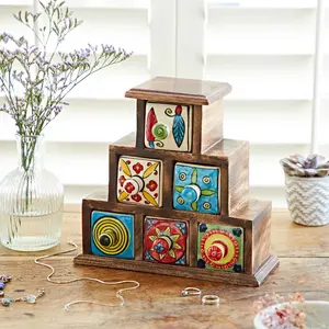 Hand Painted Multicoloured Ceramic 6 Drawer Pyramid Chest