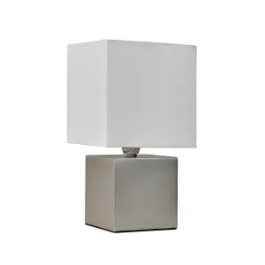 ValueLights Cubbie Chrome Cube Design Touch Dimmer Bedside Table Lamp with White Fabric Light Shade with LED Bulb