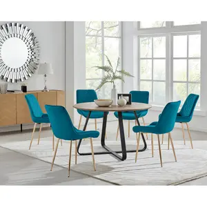 Sandy Classic Wood Effect & Metal Dining Table Set with 6 Luxury Velvet Dining Chairs Blue/Gold