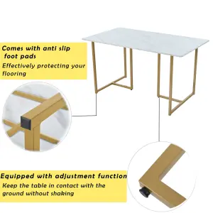 L-shaped Support Legs Rectangular Dining Table in Modern Marble Pattern Kitchen Table with Adjustable Feet, White/Golden