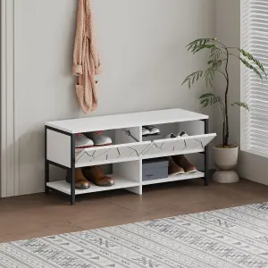 Decortie Modern Inola Shoe Bench White Engineered Wood Geometric Laser-Cut Shape on 2-Door Cupboard 105(W)cm Metal Legs Hallway