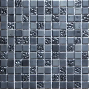 Flourencia Black Gloss Glass effect Glass Mosaic tile, (L)300mm (W)300mm