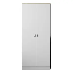 Wardrobe 2 Door Matt White Finish With Light Oak Top