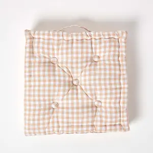 Homescapes Cotton Gingham Check Beige Floor Cushion, 40 x 40 cm