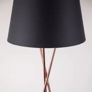 First Choice Lighting Copper Tripod Floor Lamp with Black Fabric Shade