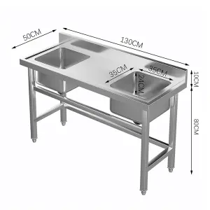 2 Compartment Commercial Floorstanding Stainless Steel Kitchen Sink with Drinboard 130 cm