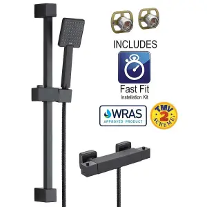 Matt Black Thermostatic Square Bar Mixer Shower Valve + Riser Kit + Fast Fit Kit