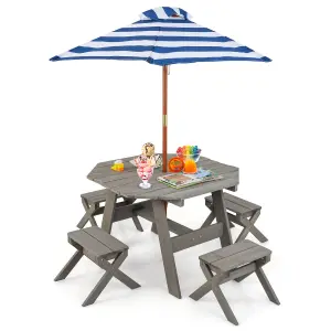 Costway Wooden Octagon Table Set Kids Picnic Table & 4 Chairs w/ Umbrella