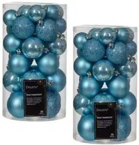 60 Sugar Blue Baubles Assorted Shatterproof Christmas Tree Hanging Decs