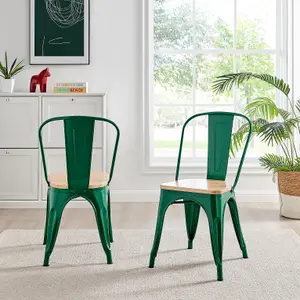 Furniturebox Set of 2 Green Colton Tolix Style Stackable Industrial Metal Dining Chair With Pine Seat