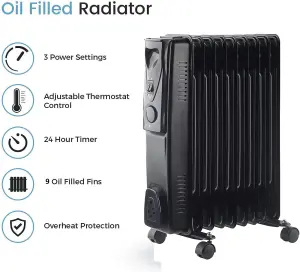 9 Fin 2kW Oil Filled Radiator, Black