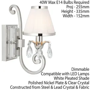 Esher Luxury Single Curved Arm Traditional Wall Light Nickel Crystal White Shade