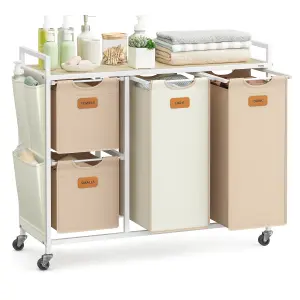 VASAGLE Laundry Hamper with 4 Compartments, 150 L Laundry Sorter, Rolling Laundry Cart with Shelves, Camel Brown and Cream White