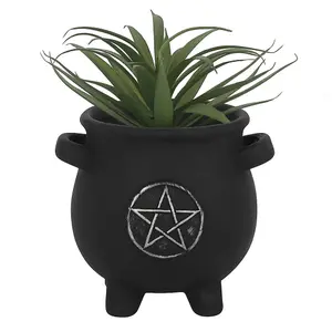 Black Terracotta Cauldron Design Plant Pot for Small Plants. Pentagram Emblem. (Dia) 11.5 cm