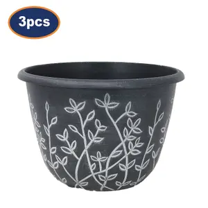 Serenity Pot Planter Round Plastic Black White Flower Plant Garden 25cm 3Pcs