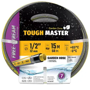 TOUGH MASTER Garden Hose Pipe Reinforced 15m / 50ft With Multi Spray Gun Starter Set 8 function spray gun