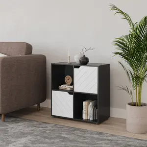 URBNLIVING 61cm Height Black Wooden Cube Bookcase with White Line Door Display Shelf Storage Shelving Cupboard