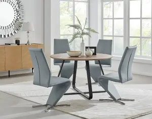 Furniturebox UK Santorini Brown Wood Contemporary Round Round Dining Table And 4 Elephant Grey Willow Chairs Set