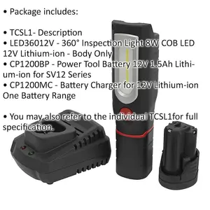 12V 360 degree Swivel Inspection Light Kit - 1.5Ah Battery & Charger - 8W COB LED