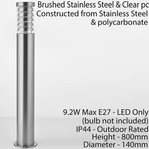 Outdoor Garden Bollard Light 80cm Brushed Steel 9W Outside Path Lamp Post IP44