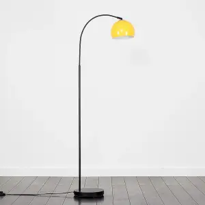 ValueLights Style Black Curved Stem Floor Lamp With Gloss Yellow Arco Style Metal Dome Light Shade With LED GLS Bulb in Warm White