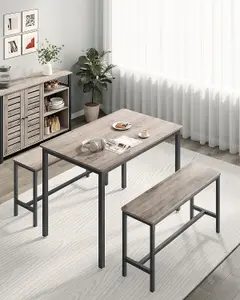 VASAGLE Dining Table with 2 Benches, 3 Piece Set, Kitchen Table, 2 Benches, Steel Frame, Heather Greige and Ink Black